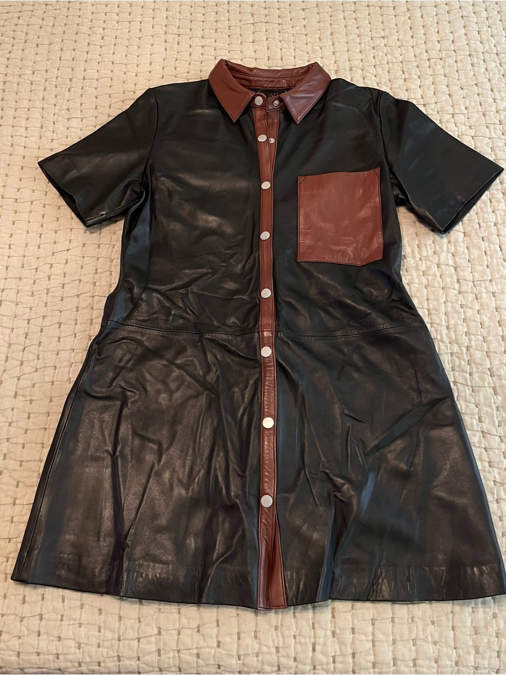 Muubaa Black 100% Leather Mini Dress with Brown Trim